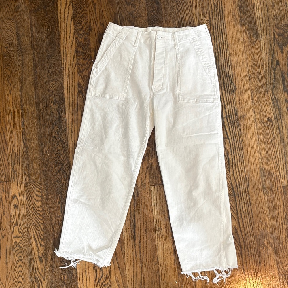 MOTHER Cropped White Utility Pants with Frayed Hem